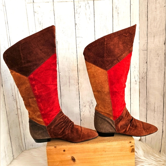 Vintage RARE Passports Suede Patchwork Knee High Low Heel Boots Red Tan Brown - Picture 10 of 15